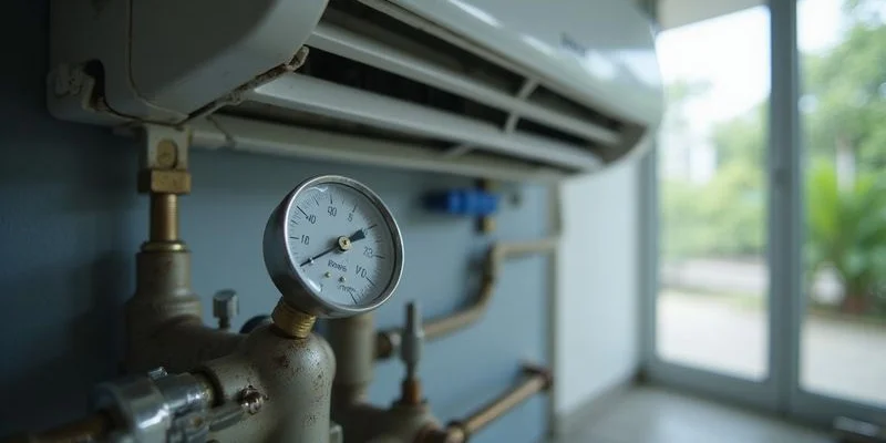 Technician checking aircon gas pressure with gauge