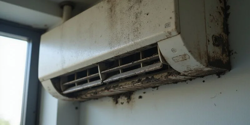 Mouldy aircon evaporator before chemical wash